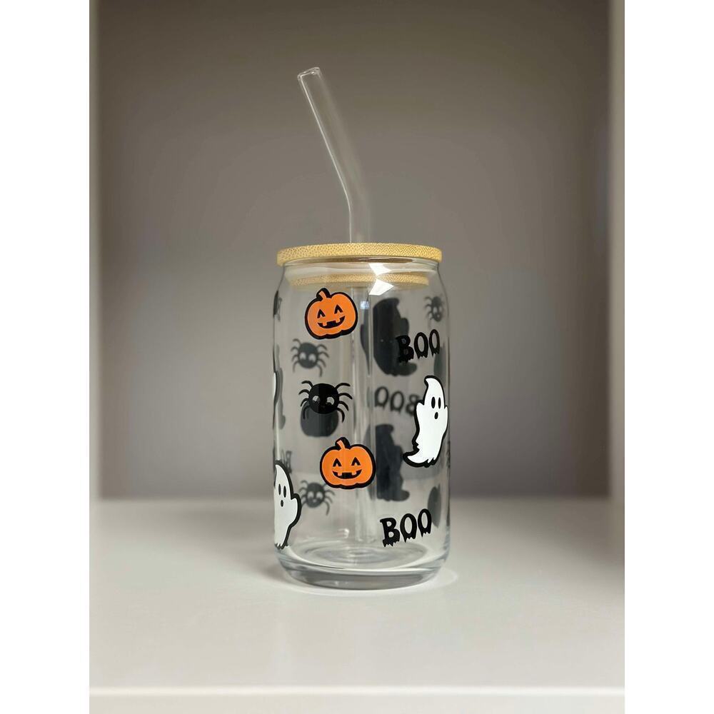 Halloween Ghost Jack O Lantern Glass Can with Bamboo Lid and Glass Straw 16oz